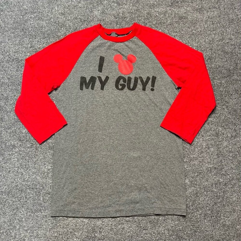 I Love My Guy Womens Disney Parks T-Shirt Red Gray Cotton Blend 3/4 Sleeve S